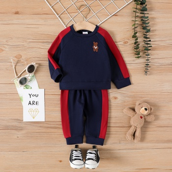2pcs Baby Boy/Girl Bear Embroidered Long-sleeve Colorblock Sweatshirt and Sweatpants Set