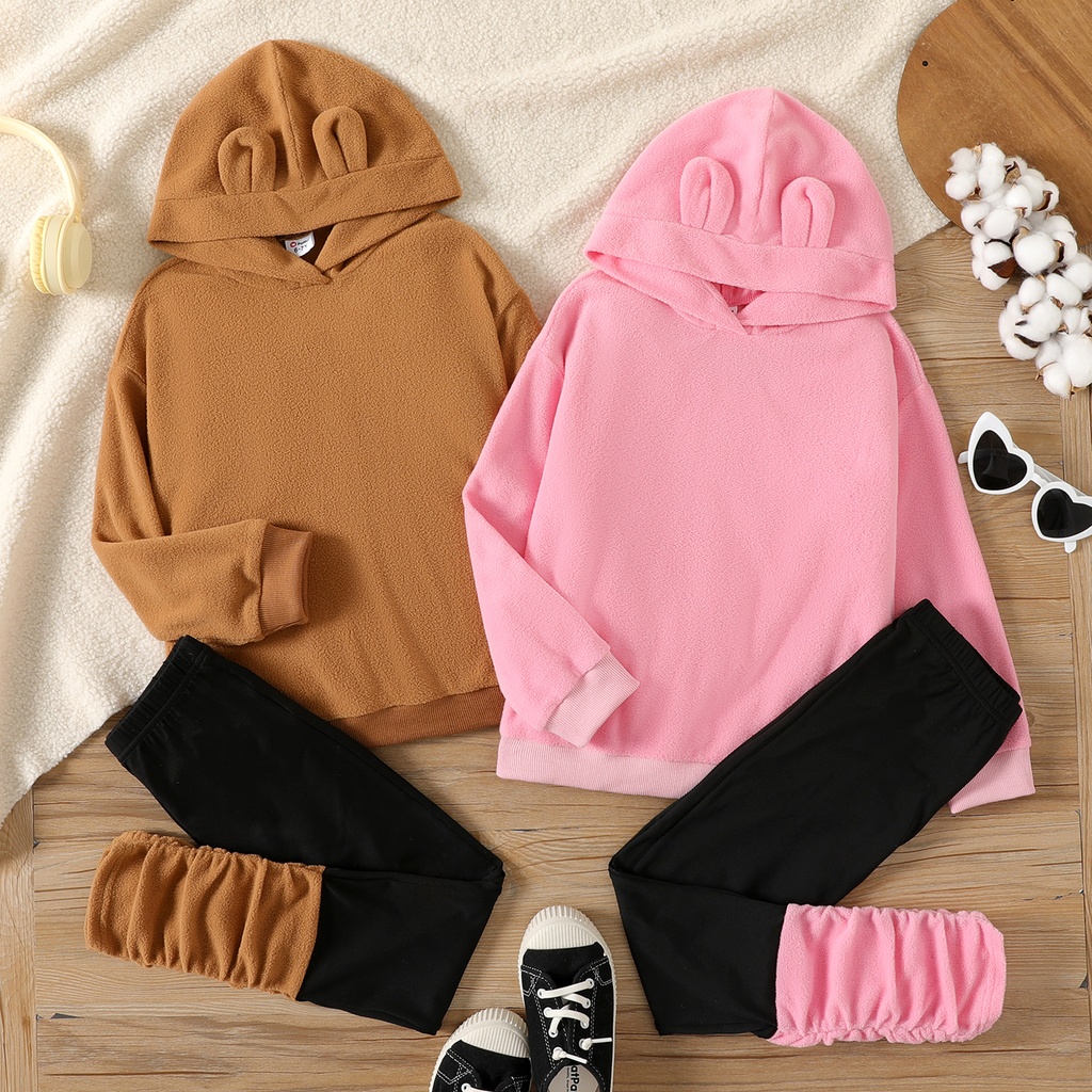 2pcs Kid Girl Ear Design Polar fleece Hoodie Sweatshirt amd Colorblock Splice Leggings Set