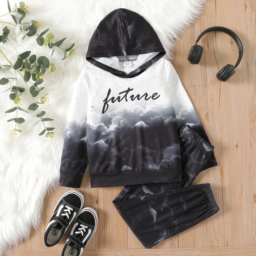 2pcs Kid Boy Cloud Print Colorblock Hoodie Sweatshirt and Pants Set