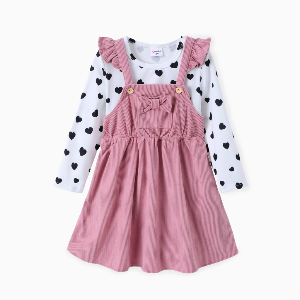 Toddler Girl 2pcs Polka Dot Tee and Overall Dress Set