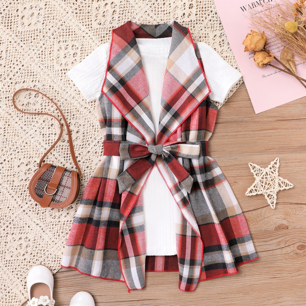 2pcs Toddler Girl Short-sleeve Tee and Asymmetrical Grid Dress Set