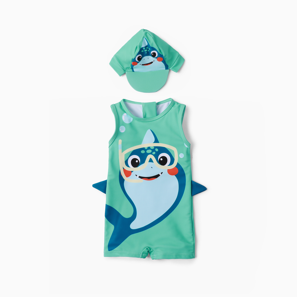Adorable toddler swimsuit with 3D design and matching hat