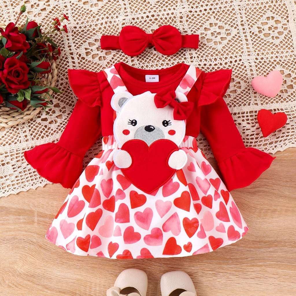 Valentine's Day Baby Girl 2pcs Bear Style Ruffled Romper and Embroidered Overalls Dress Set