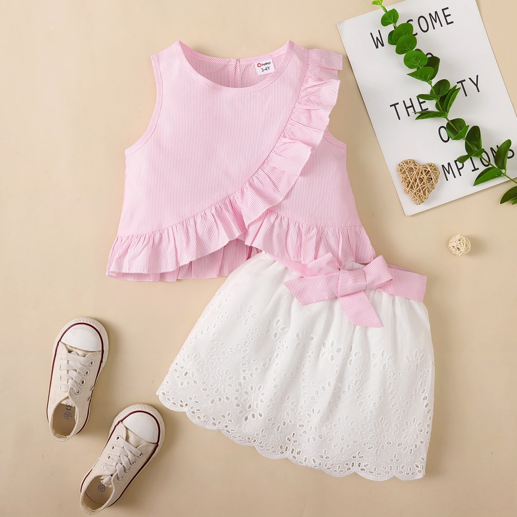 Trendy Toddler Girl Stripe Print Bowknot Ruffle Flounce Set