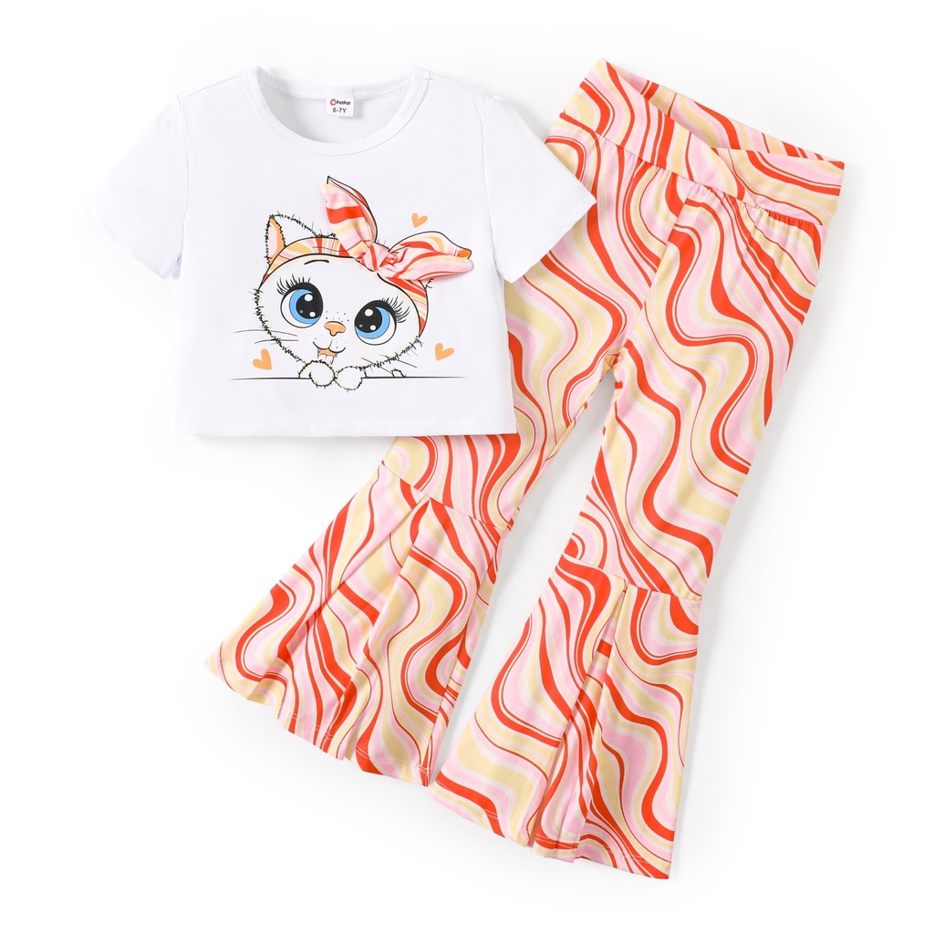 2pcs Toddler Girl Cute Cat Print Top & Wavy Flare Pants Set
