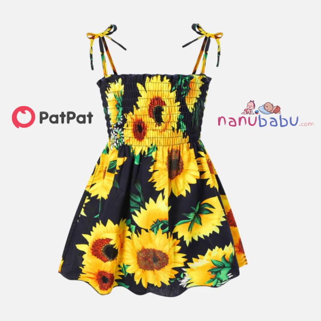 Patpat-(1nb12-20365331)Baby Girl 100% Cotton Allover Sunflower Print Shirred Cami Dress
