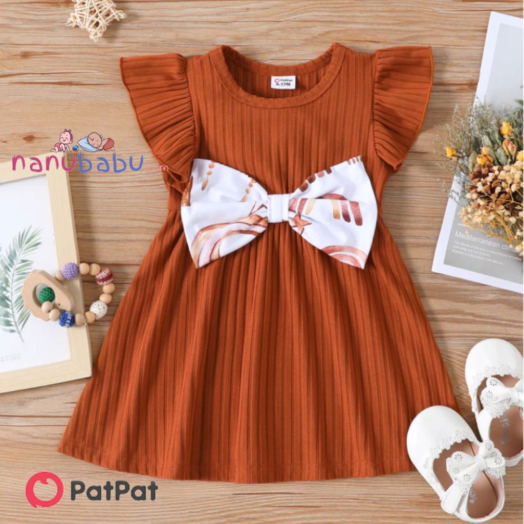 Patpat-(1nb12-20592480)Baby Girl Ribbed BrownWhite Rainbow and Star Print Ruffled Flutter Sleeve Bowknot Dress