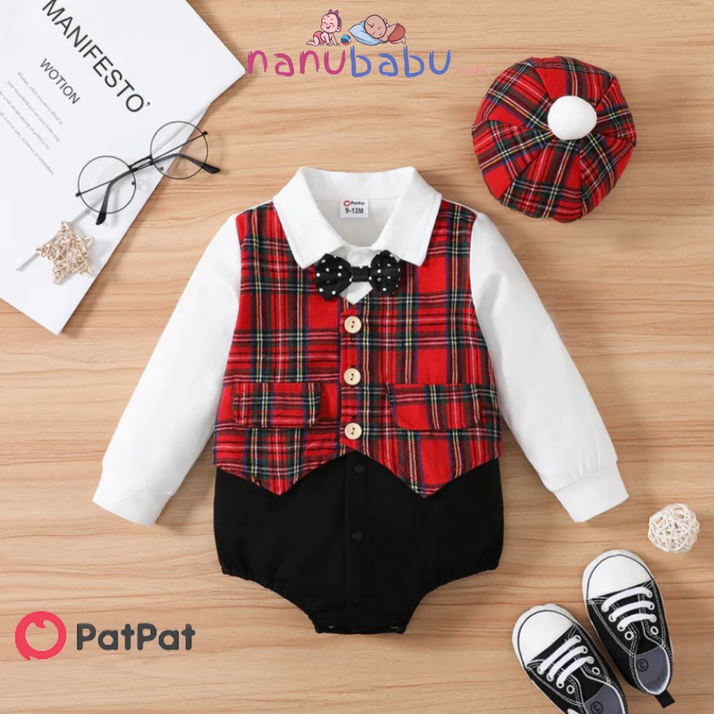 Patpat-(1nb12-20560912)2pcs Baby Boy 95% Cotton Long-sleeve Plaid Spliced Gentleman Romper & Hat Set