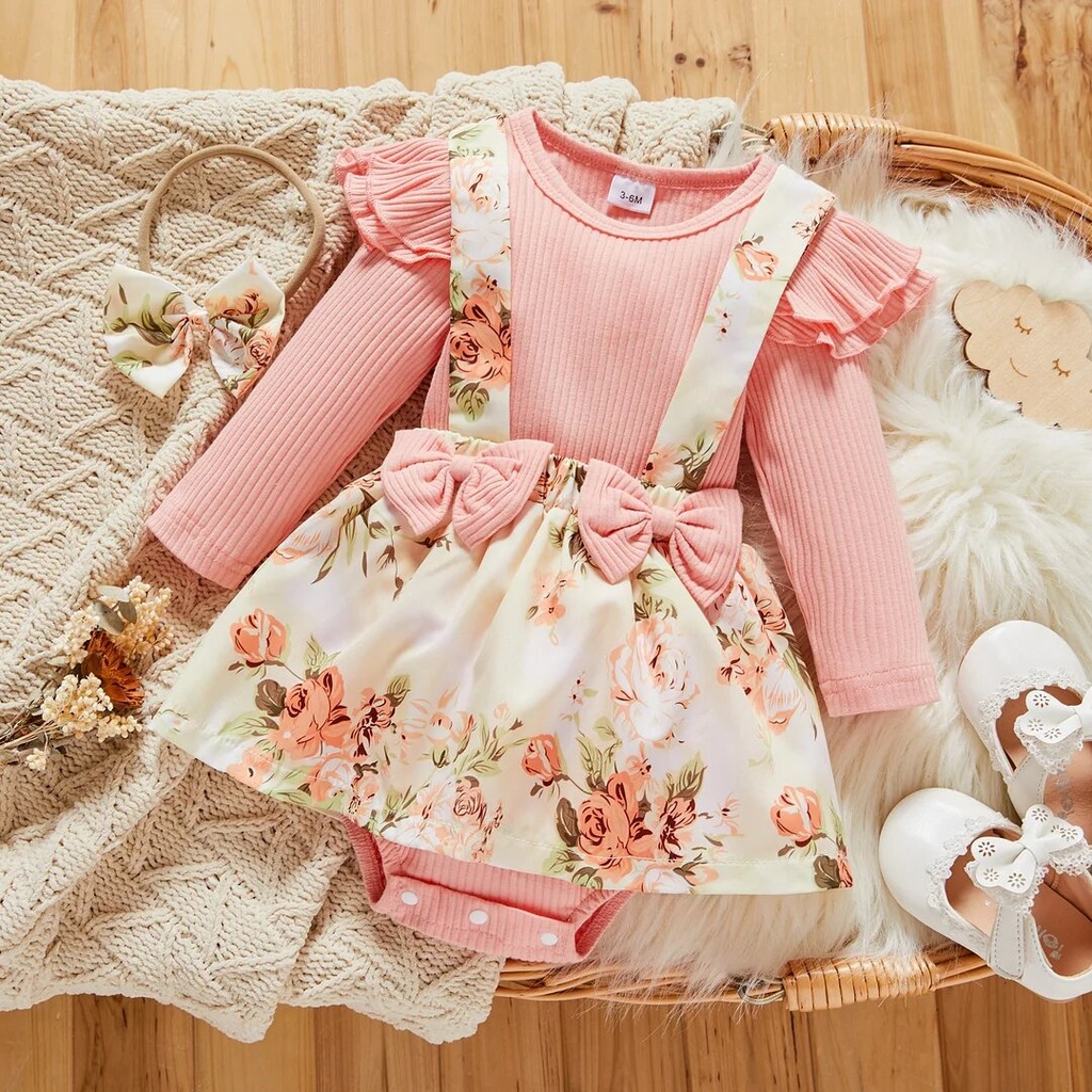 Patpat-(2nb1-19906914)2pcs Baby Girl 95% Cotton Ribbed Long-sleeve Faux-two Floral Print Romper with Headband Set