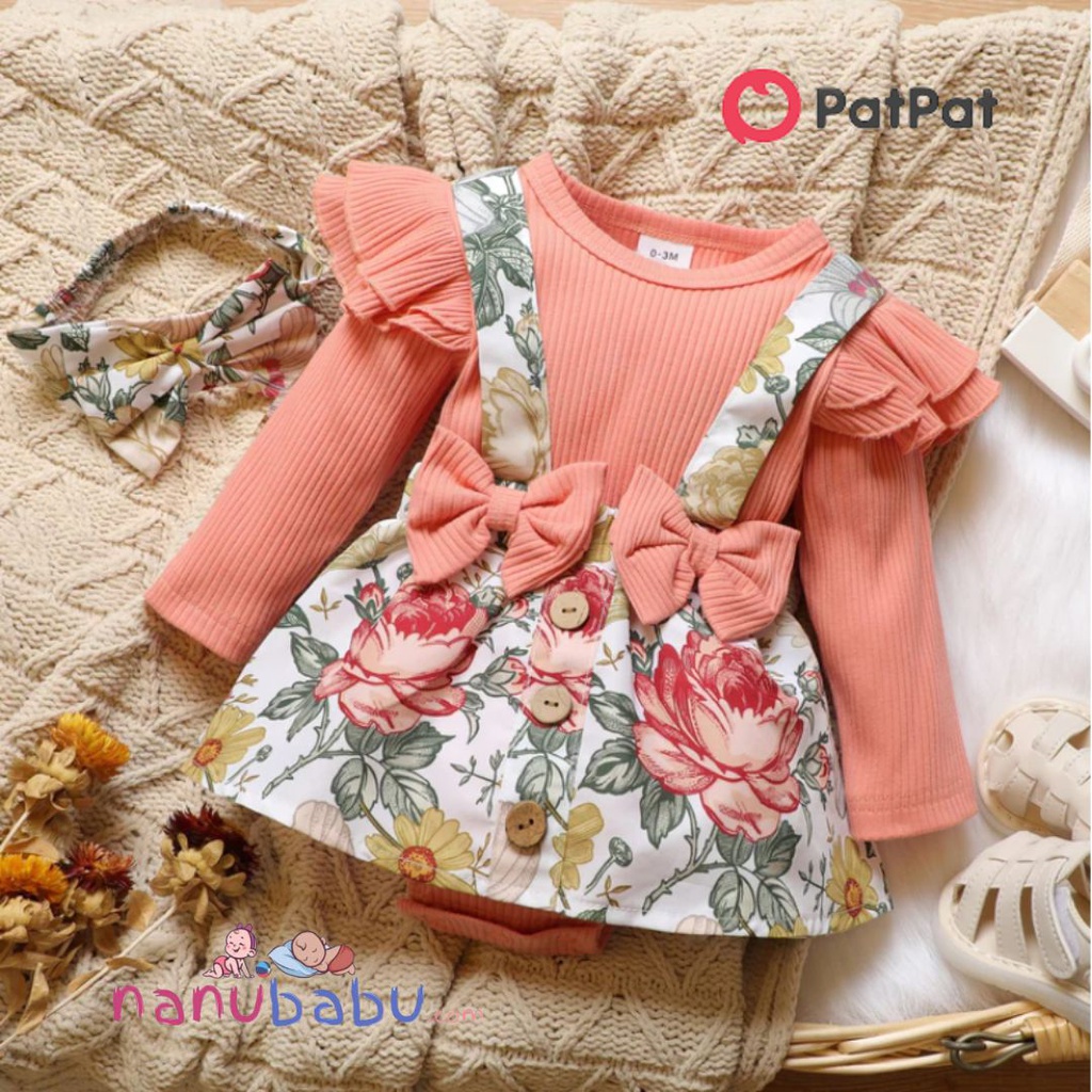 Patpat-(2nb1-19906914)2pcs Baby Girl 95% Cotton Ribbed Long-sleeve Faux-two Floral Print Romper with Headband Set