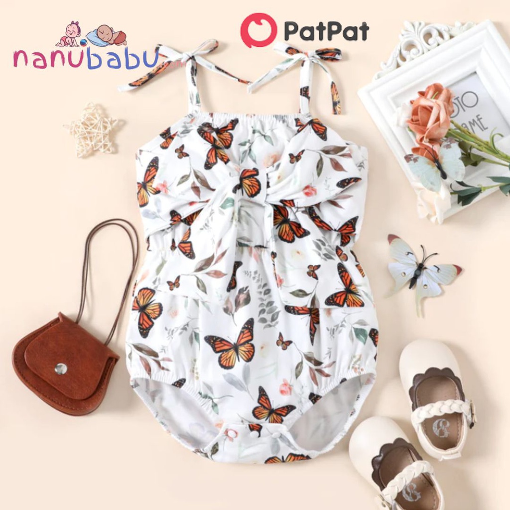 Patpat-(2nb7-20290848)Baby Girl Ribbed Brown/White Butterfly Print Sleeveless Spaghetti Strap Bowknot Romper