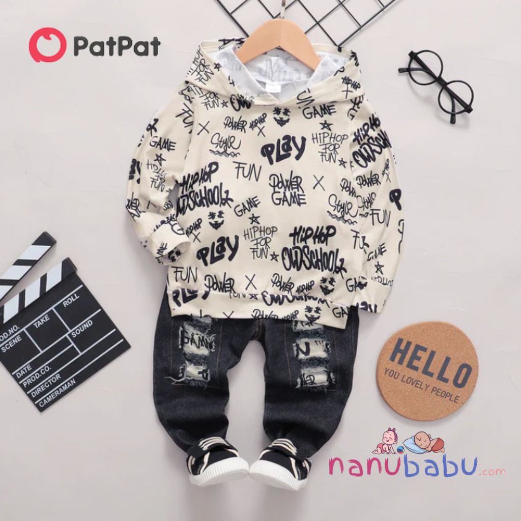Patpat-(2nb2-20469692)2pcs Toddler Boy Trendy Ripped Denim Jeans And Letter Print Hoodie Sweatshirt Set