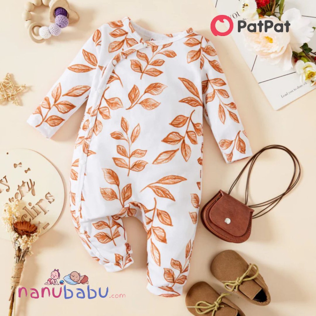 Patpat-(2nb2-20027975)Baby Girl Leaves Print White/Brown Long-sleeve Jumpsuit