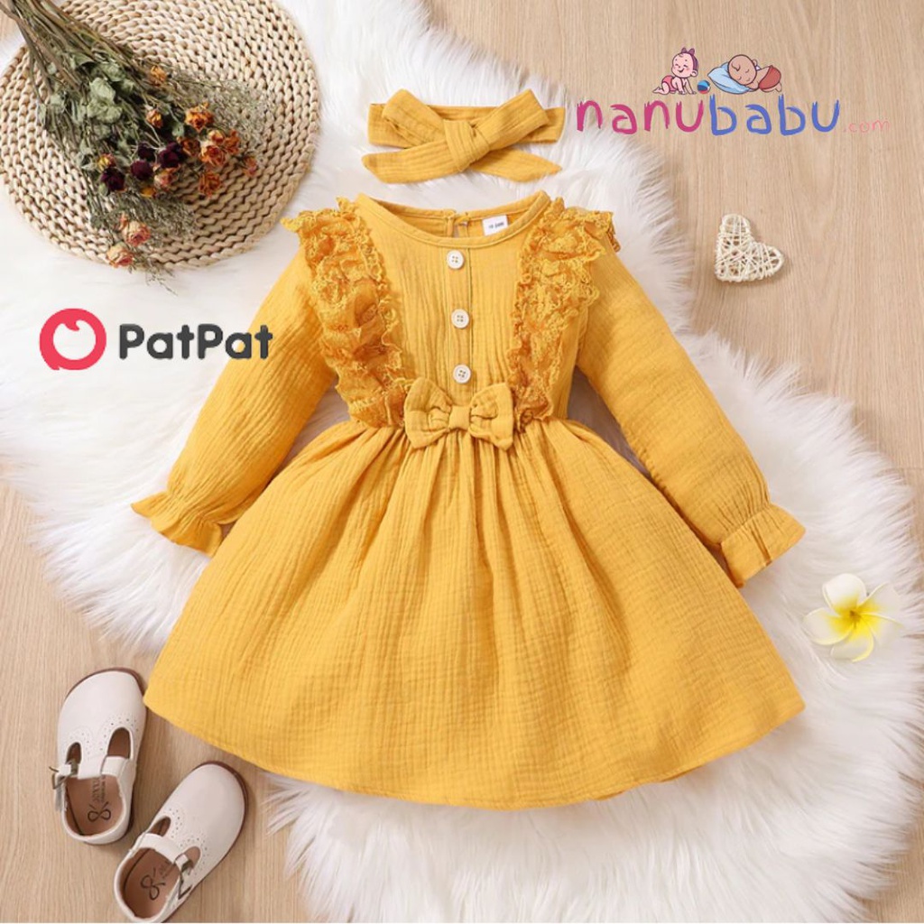 Patpat-(2nb3-552466)2pcs Toddler Girl Sweet 100% Cotton Ruffled Lace Design Crepe Dress and Headband