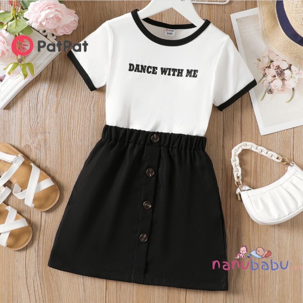 2Pcs Kid Girl Letter Print Short-sleeve Tee and Button Up Solid Skirt Set-3nb22-20607238