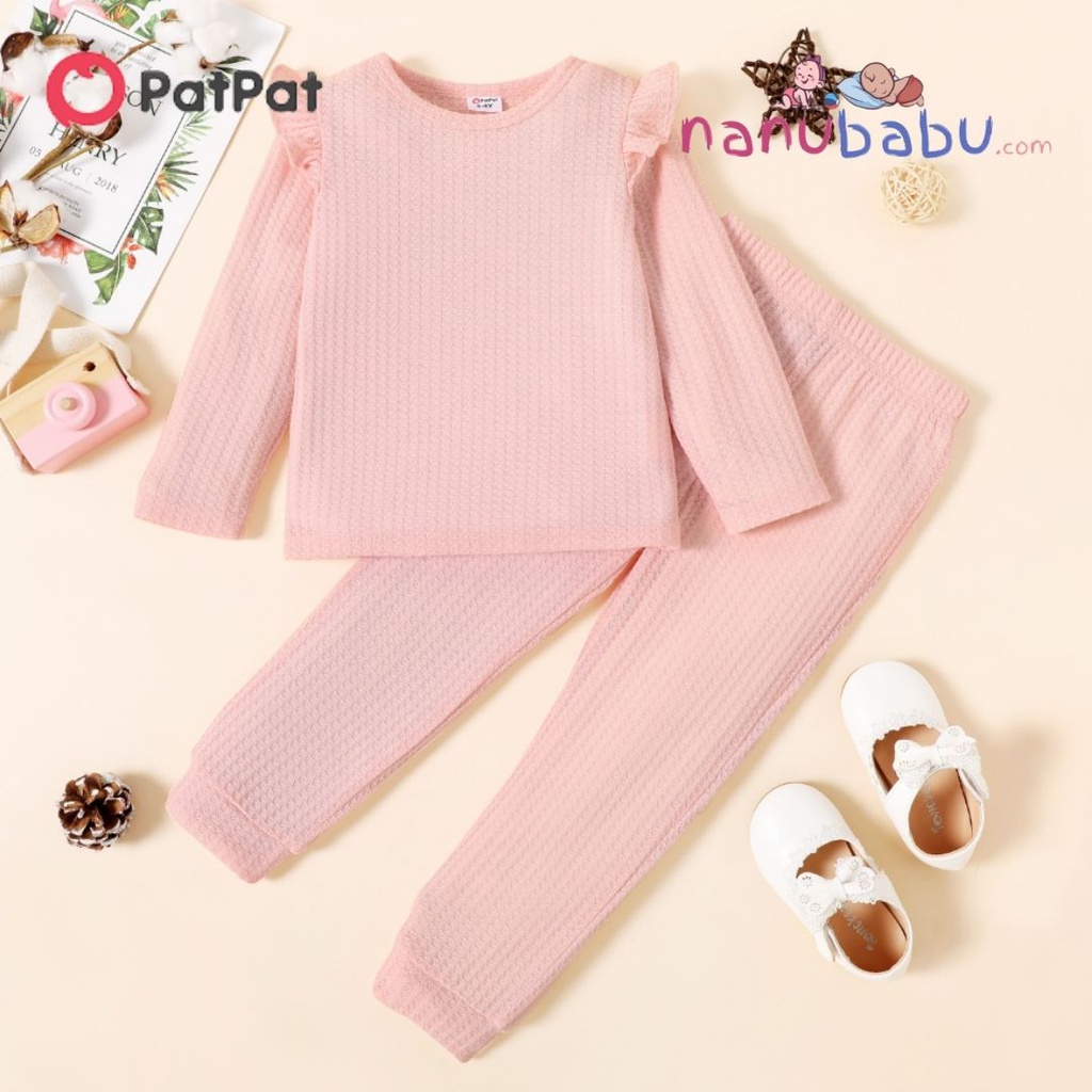 Patpat-2-piece Toddler Girl Ruffled Textured Long-sleeve Top and Solid Color Pants Set-3nb15-20159224