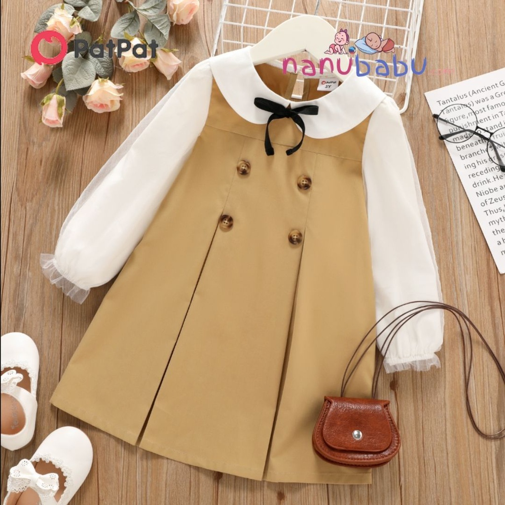 Patpat-Toddler Girl Doll Collar Bowknot Design Mesh Long-sleeve Khaki Dress-3nb22-20184632