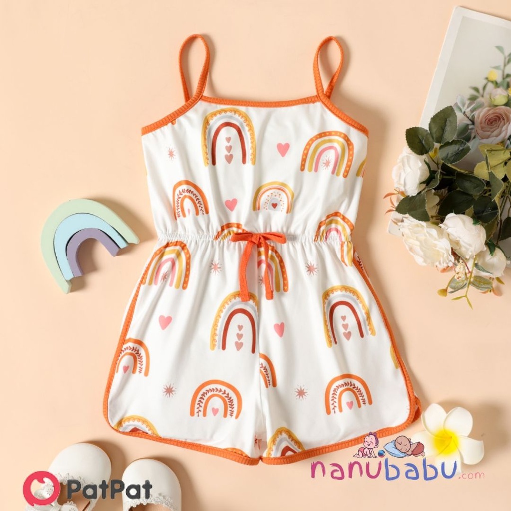 Patpat-Toddler Girl Rainbow Print Bowknot Design Cami  Romper Jumpsuit Shorts-3nb21-20322201