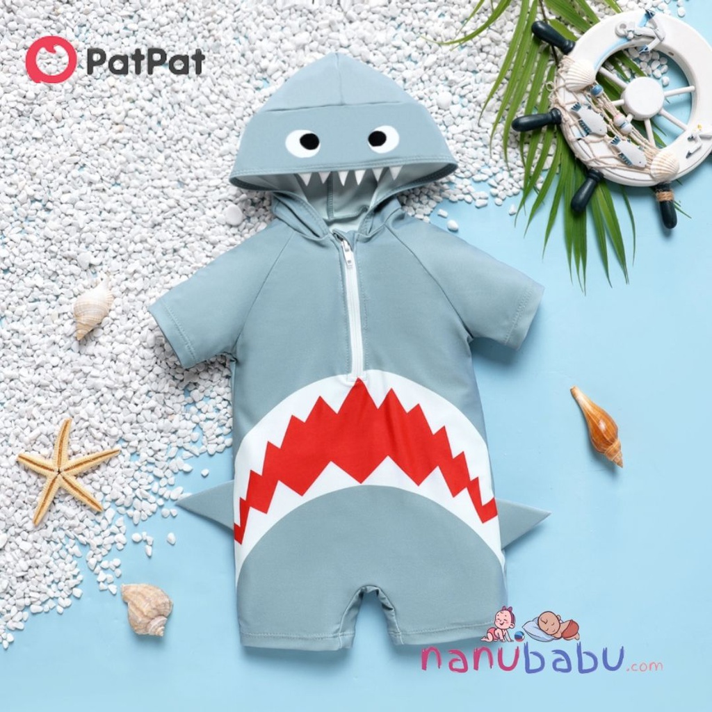 Patpat-Baby Boy Shark Print Zipper Design Hooded Short-sleeve One-piece Swimsuit-3nb19-2062463