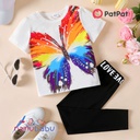 Patpat-2pcs Kid Girl Unicorn Print Tie Dyed/ Butterfly Print Short-sleeve Tee and Letter Print Black Leggings Set
