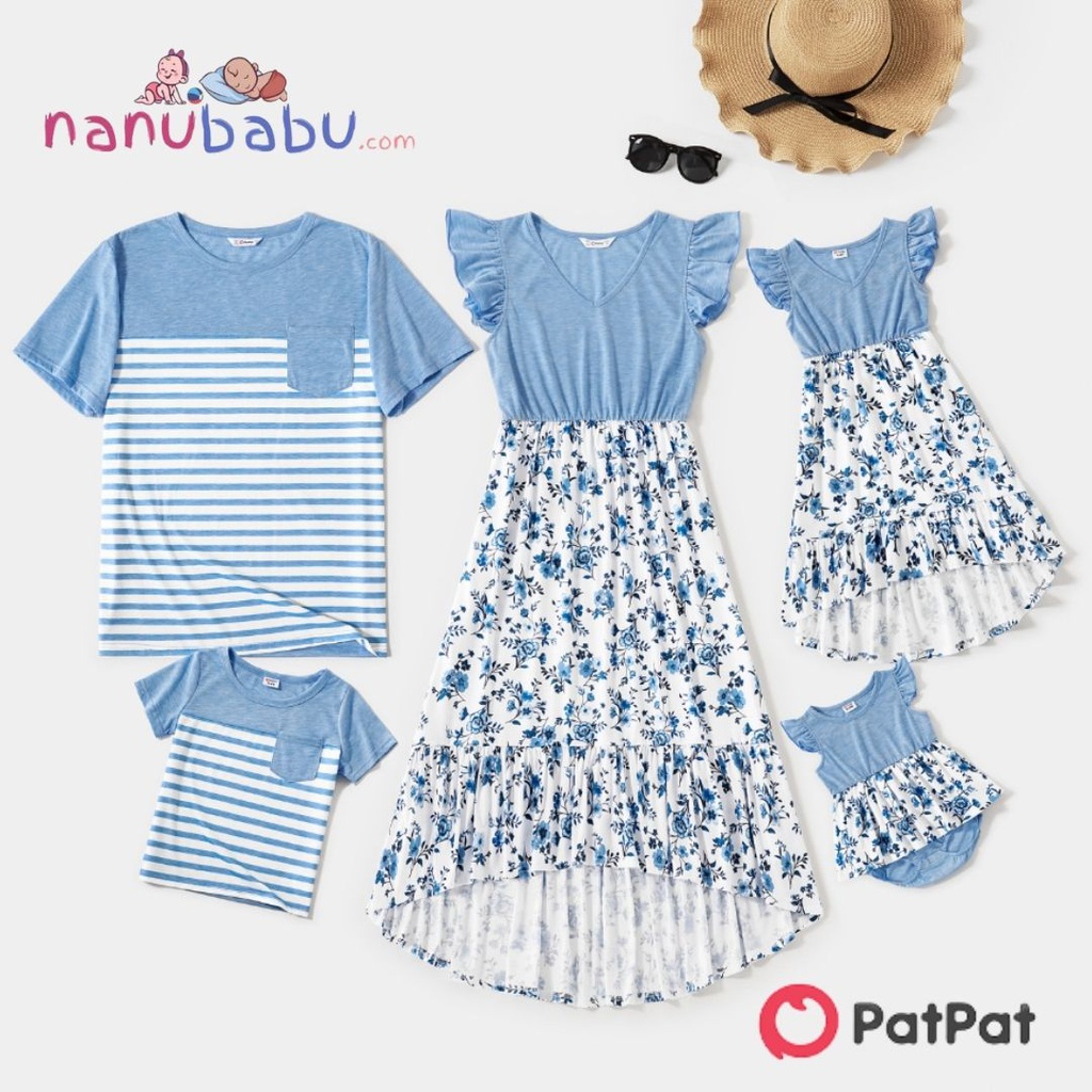 Patpat-Family Matching Light Blue V Neck Flutter-sleeve Splicing Floral Print Irregular Hem Dresses and Striped T-shirts Sets(Baby Girl-3 to 6 months)-3nb21-20340763