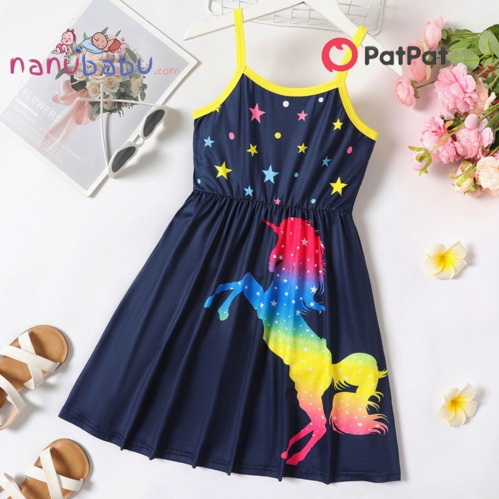 Patpat-Kid Girl Unicorn Star Print Colorblock Slip Dress-3nb14-20597166