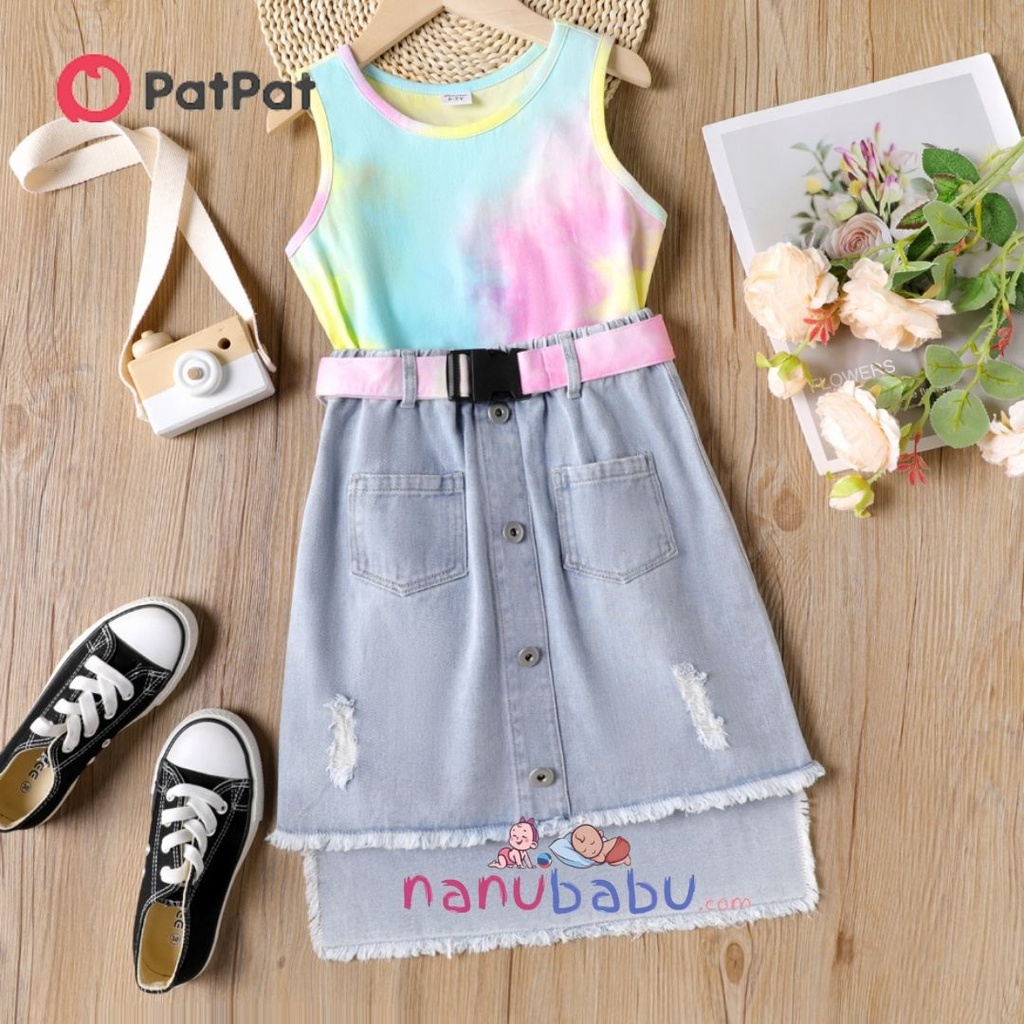 Patpat-2pcs Kid Girl Tie Dye Cotton Tank Top and Raw Hem Belted Denim Skirt Set 3nb16-20205922