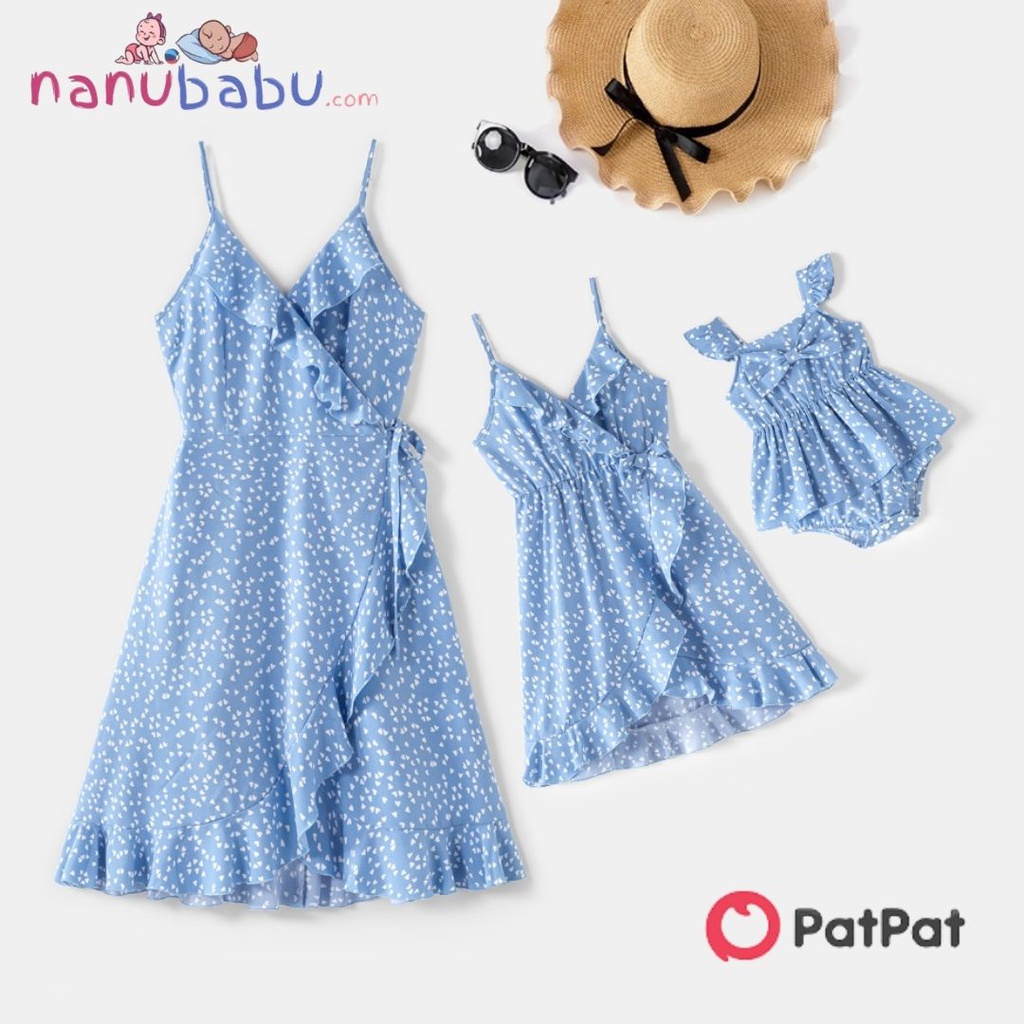 Patpat-All Over Dots Print Blue Sleeveless Spaghetti Strap V Neck Ruffle Wrap Dress for Mom and Me-3nb21-203