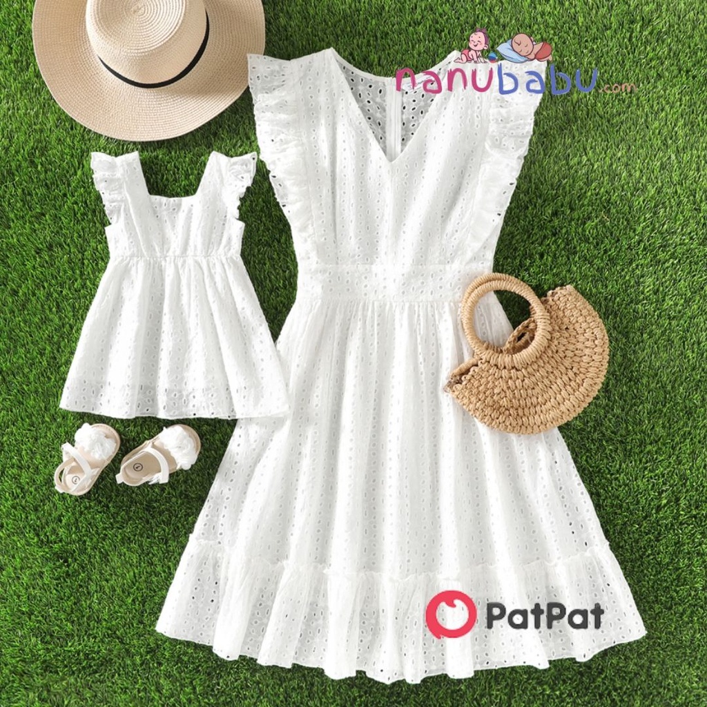 100% Cotton White Hollow-Out Floral Embroidered Ruffle Sleeveless Dress for Mom and Me - 3nb21 - 203885