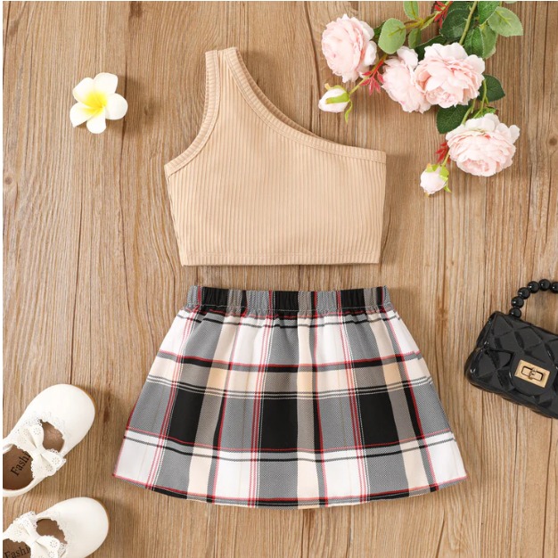 2pcs Toddler Girl One-Shoulder Solid Ribbed Tank Top and Plaid Skirt Set(4nb13-20636750)
