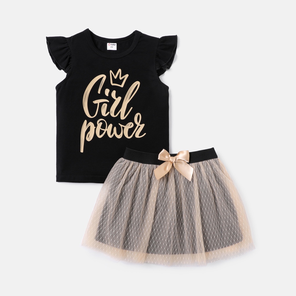 2pcs Toddler Girl Letter Print Flutter-sleeve Tee and Bowknot Design Mesh Skirt Set(5nb23-20567010)