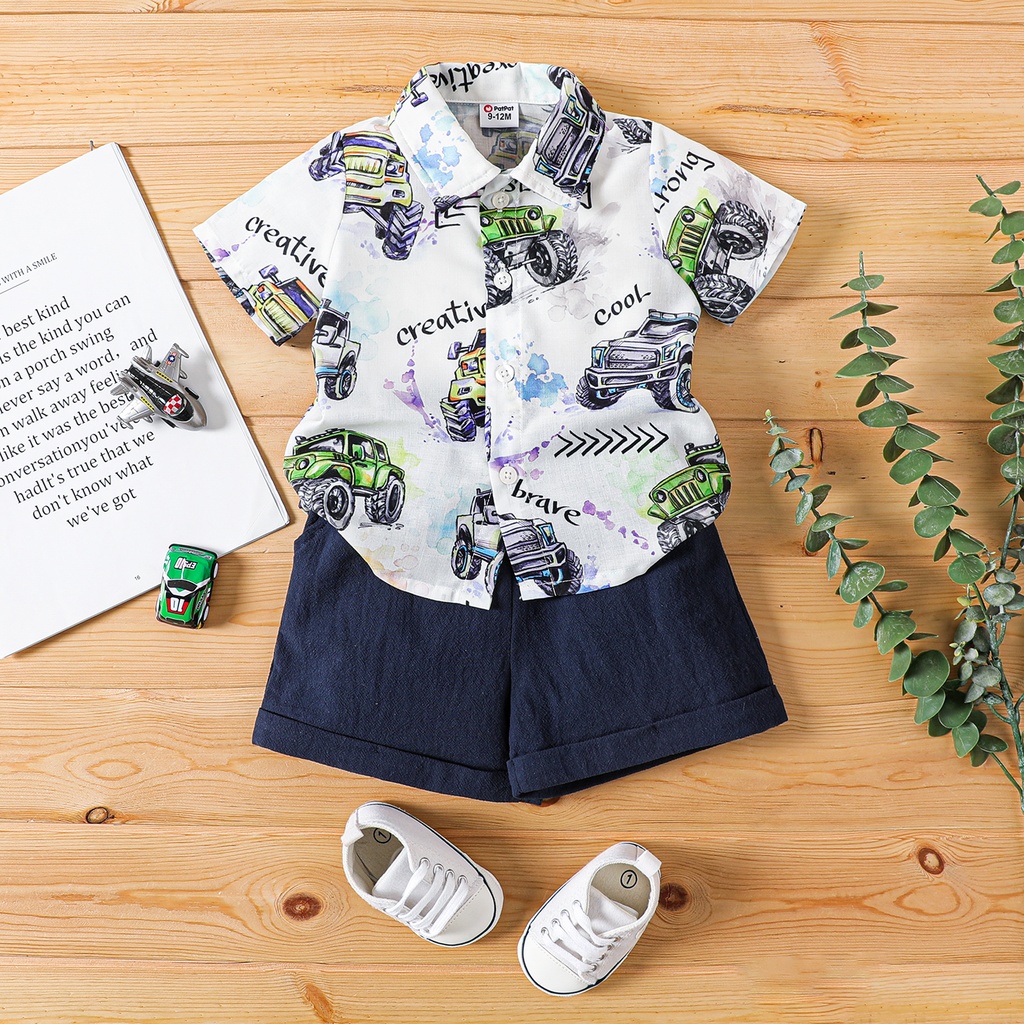 2pcs Baby Boy Vehicle Print Lapel Collar Shirt and Cotton Shorts Set(5nb23-20588798)