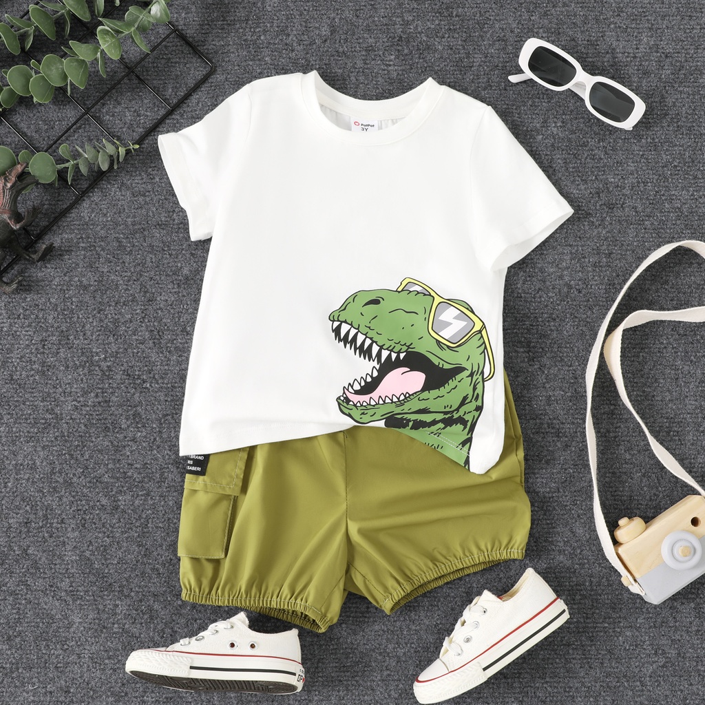 2pcs Toddler Boy Cotton Dinosaur Print Short-sleeve Tee and Elasticized Shorts Set(5nb23-20598321)