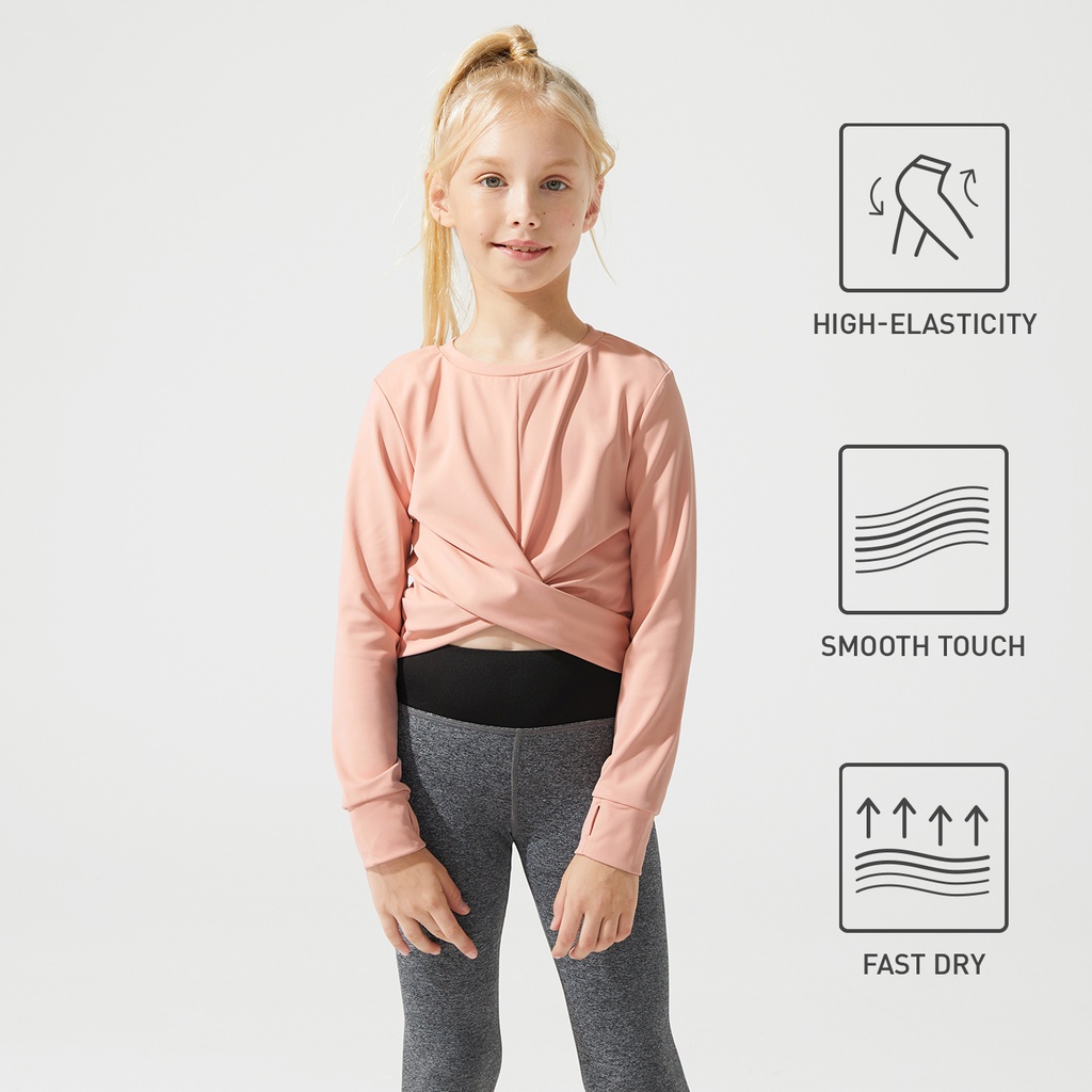 Activewear Kid Girl Solid Color Twist Front Long-sleeve Tee(5nb23-20479373)
