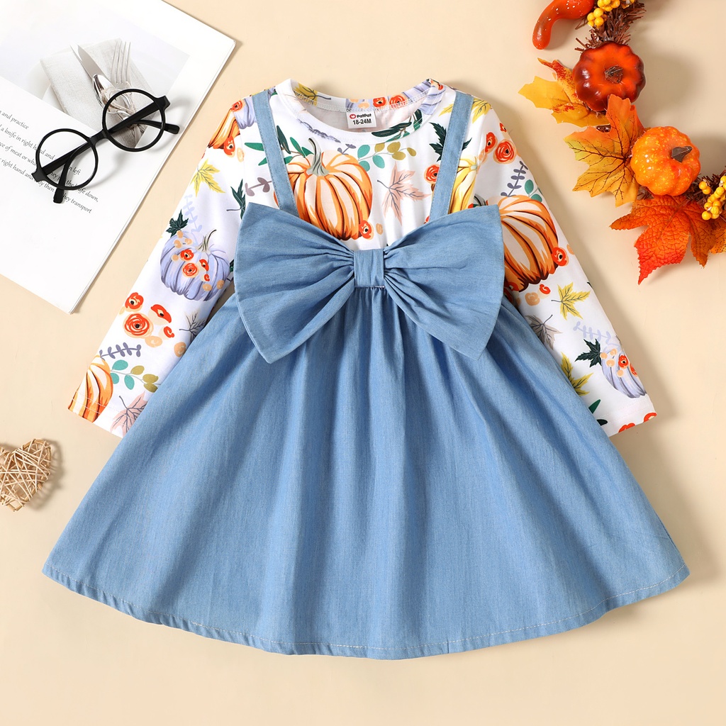 Toddler Girl Thanksgiving Faux-two Bowknot Design Pumpkin Print Long-sleeve Dress(5nb23-)