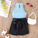 2pcs Toddler Girl Trendy Ribbed Tank Top and Belted PU Shorts Set (6nb30-20579105)