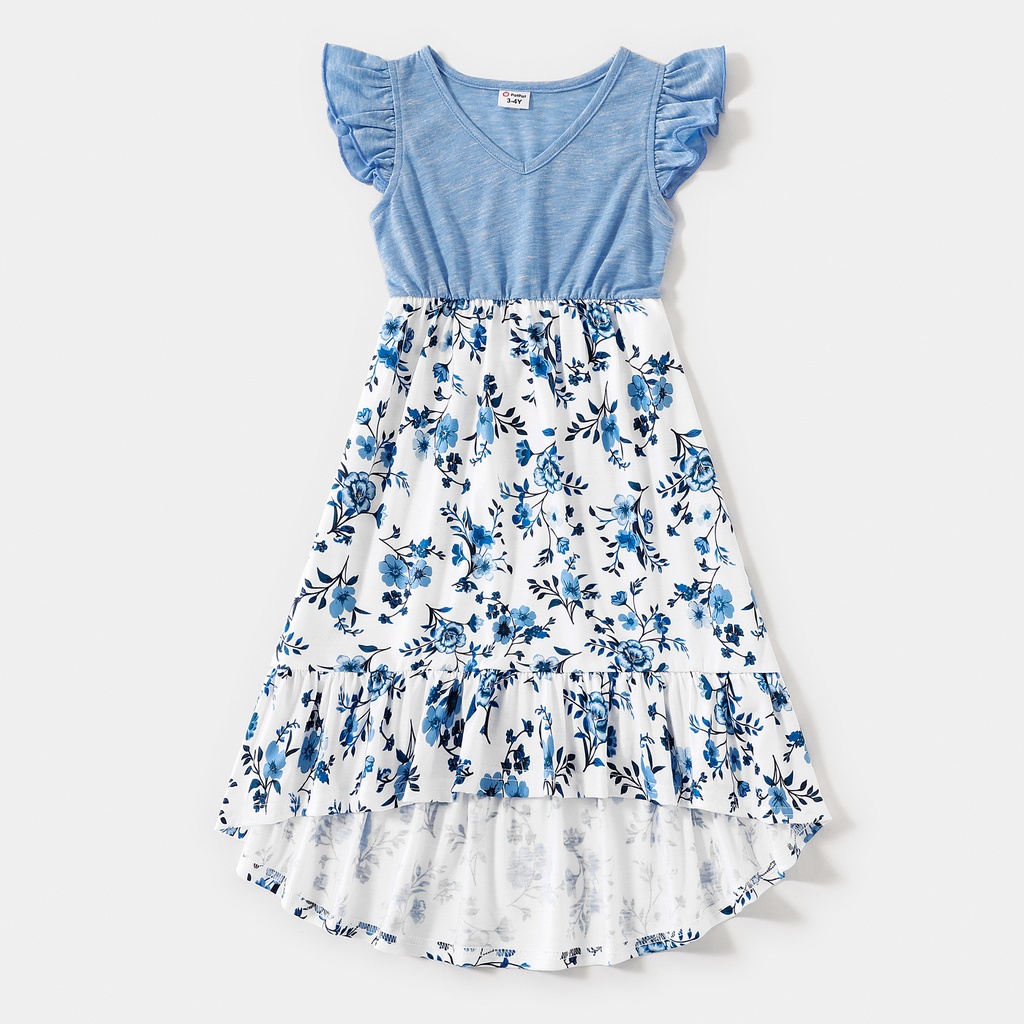 Family Matching Light Blue V Neck Flutter-sleeve Splicing Floral Print Irregular Hem Dresses and Striped T-shirts Sets (6nb30-20340768)