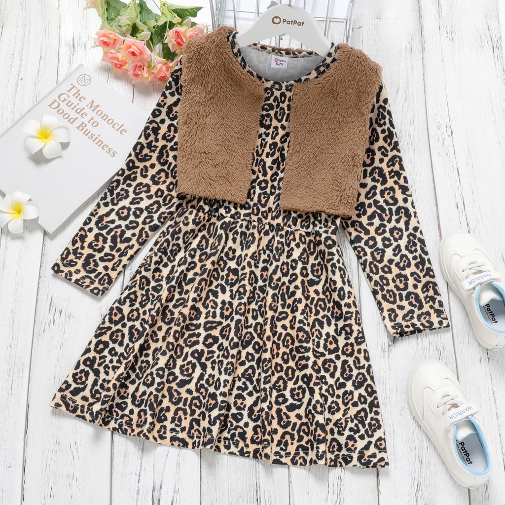 2-piece Kid Girl Floral/Leopard Print Long-sleeve Dress and Fuzzy Vest Coat Set (6nb30-20189478)