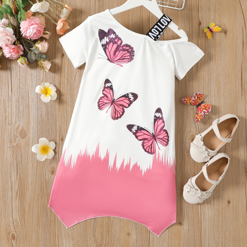 Kid Girl Butterfly Print Colorblock Irregular Hem Short-sleeve Dress (6nb30-20548578)
