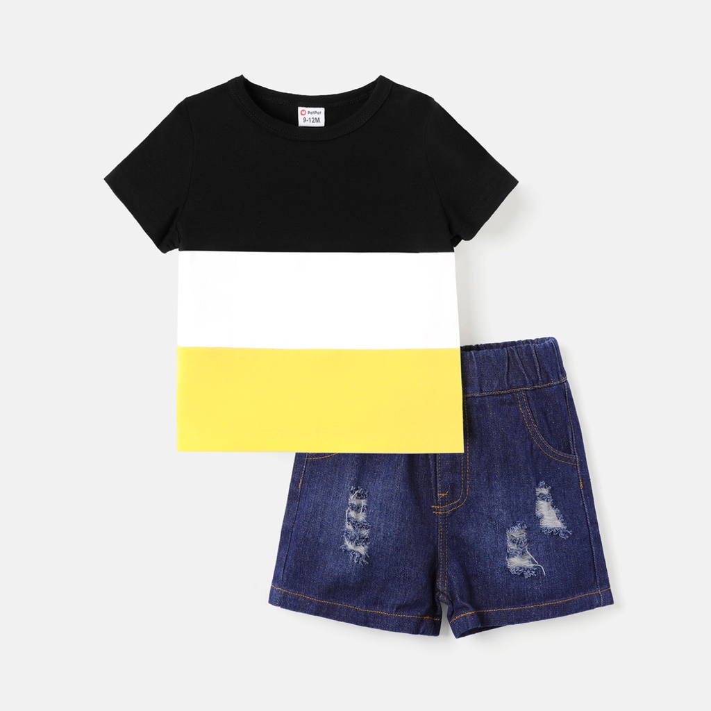 2pcs Baby Boy Cotton Short-sleeve Colorblock Tee and Ripped Denim Shorts Set(6nb30-20583622)