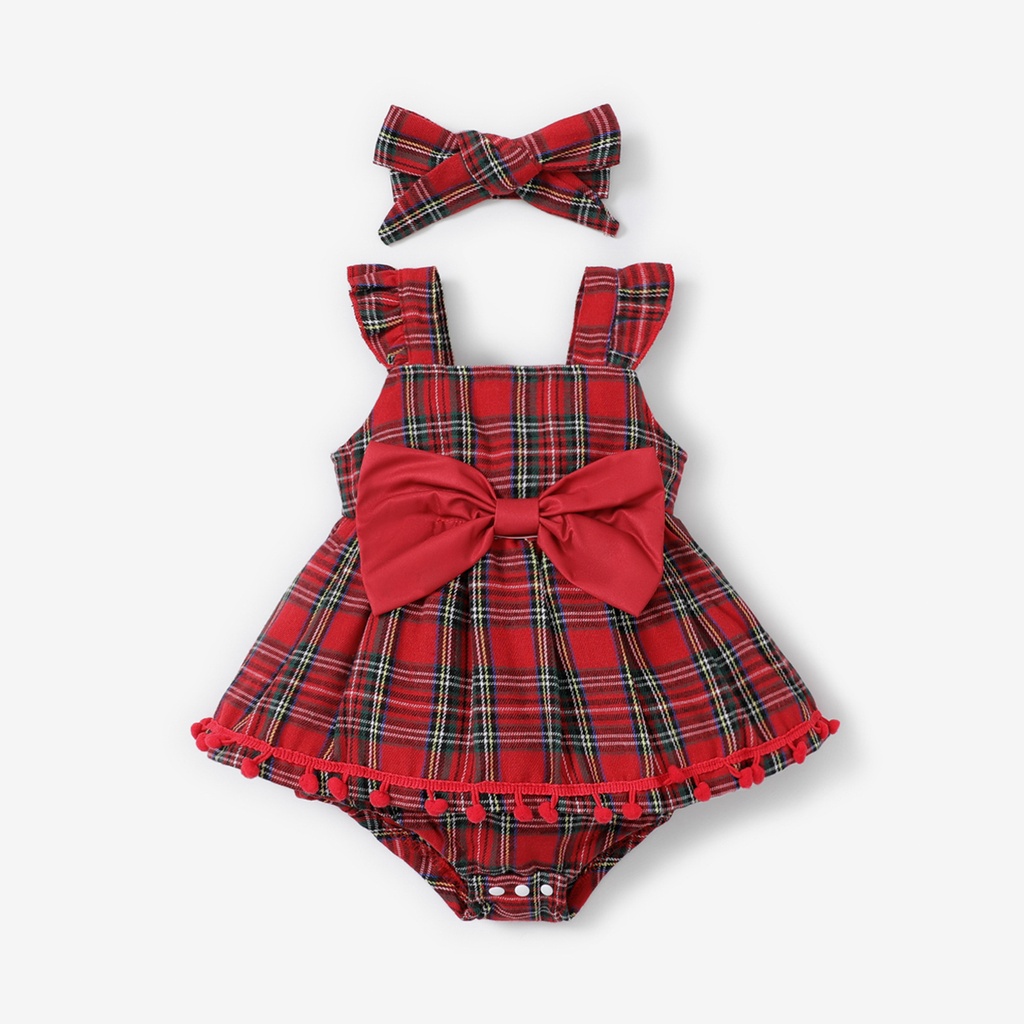 2pcs Baby Girl Red Plaid Flutter-sleeve Bow Front Pom Poms Romper with Headband Set(6nb30-20513310)