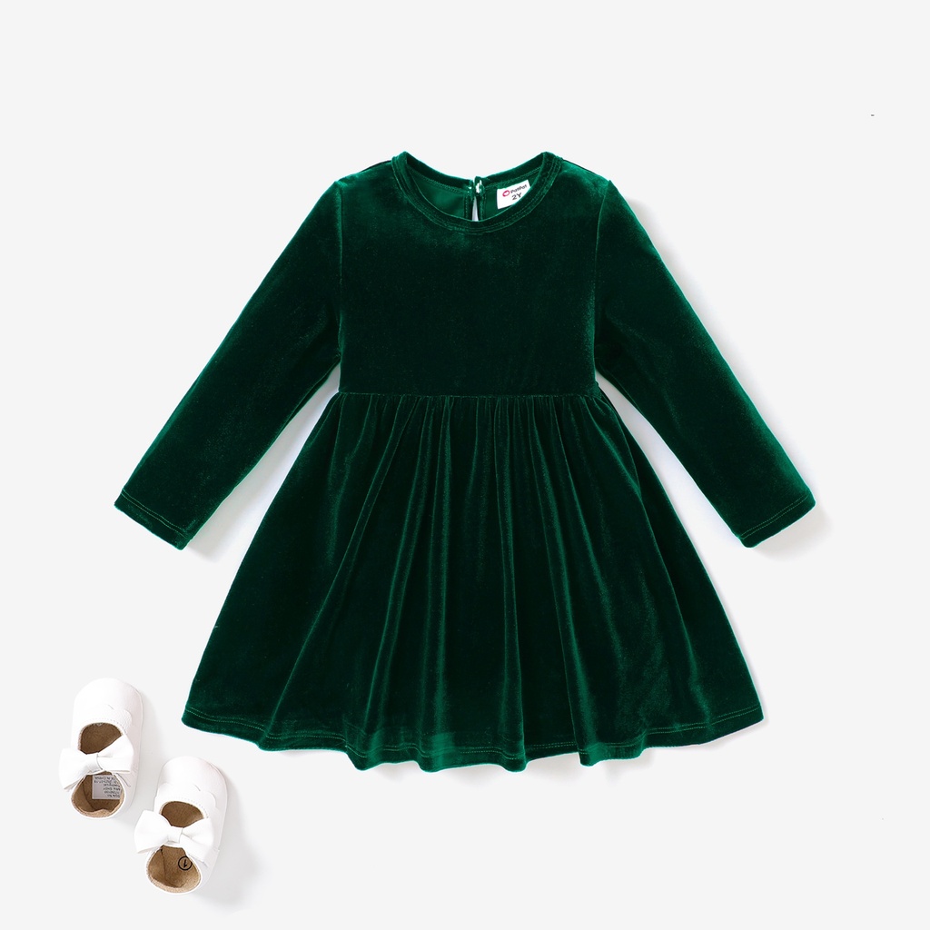 Green Christmas Sweet Toddler Girl Solid color Velvet material Dress Set
