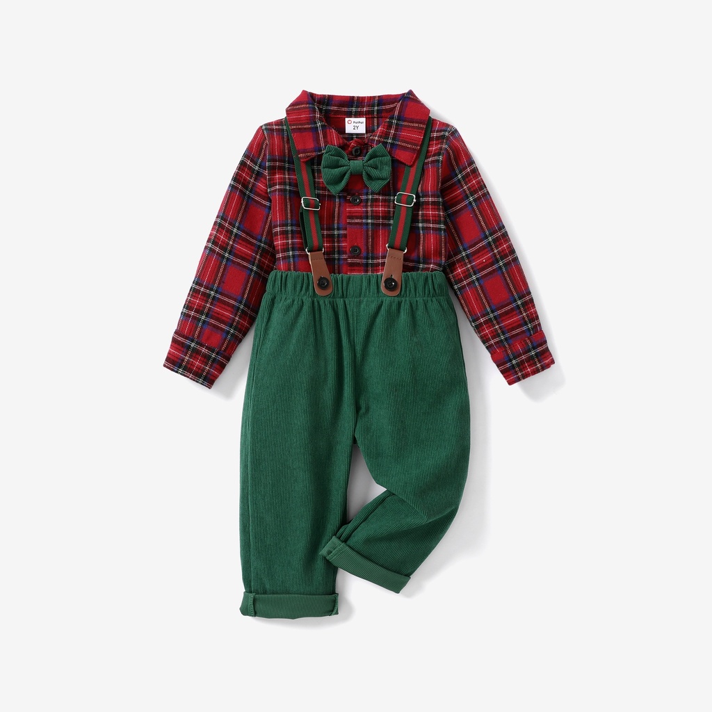 Christmas 3pcs Toddler Boy Avant-garde Grid/Houndstooth Boy Suit with Button/Secret Button