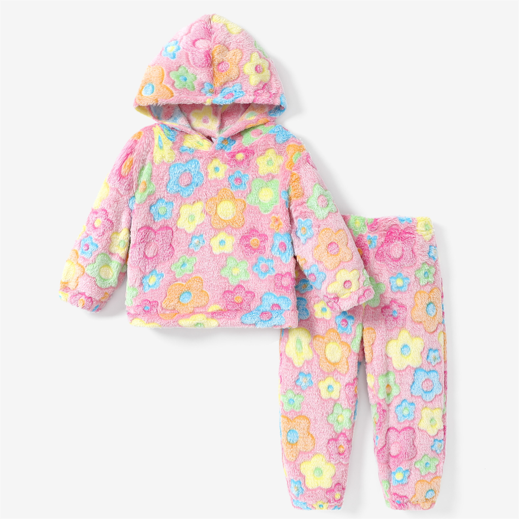 2pcs Toddler Girl Flowers Flannel Fuzzy Set with Hood
