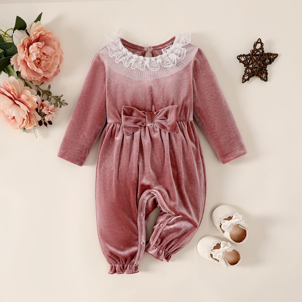 Baby Girl Lace Trim Bow Decor Long-sleeve Jumpsuit 