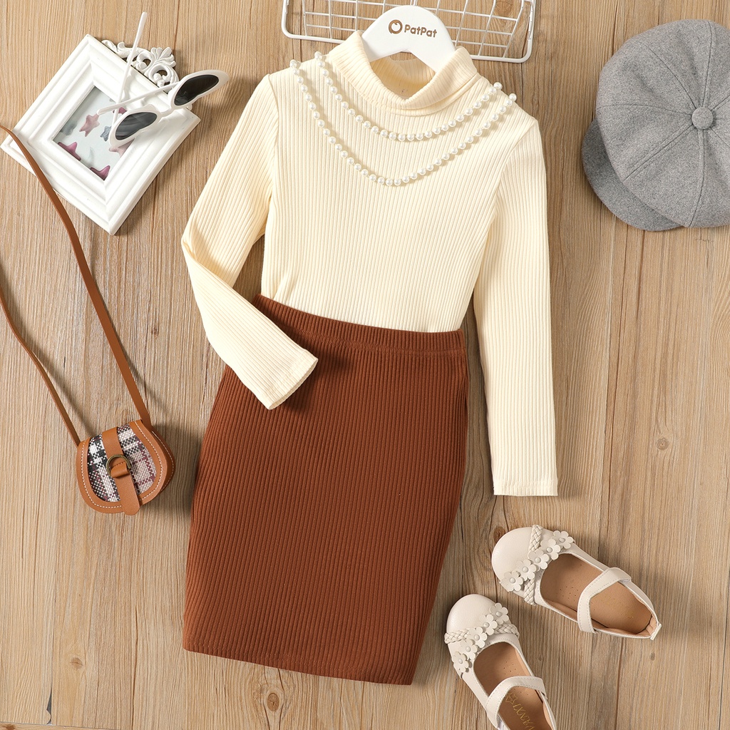 2pcs Kid Girl Turtleneck Long-sleeve Ribbed Cotton Tee and Brown Skirt Set