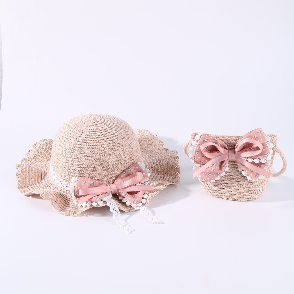 2pcs Toddler/Kid Bow Decor Straw Hat & Straw Bucket Bag Set