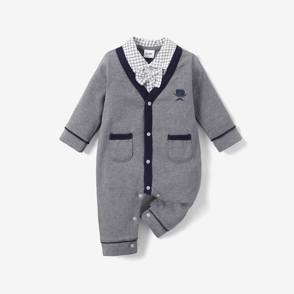 100% Cotton Plaid Lapel Bowtie Long-sleeve Faux-two Baby Jumpsuit