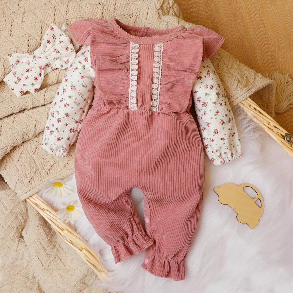 2pcs Baby Floral Print Splicing Long-sleeve Pink Corduroy Ruffle Jumpsuit Set
