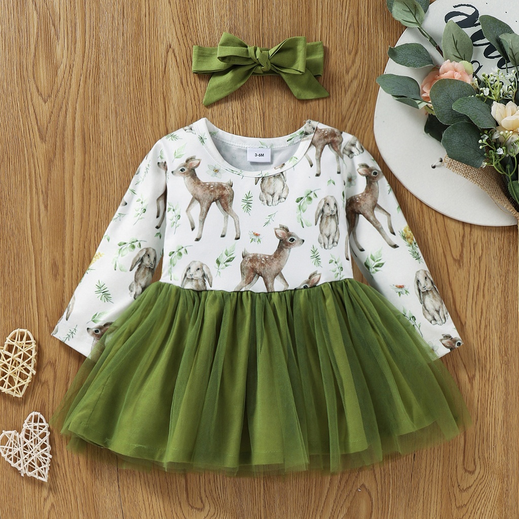 2pcs Baby All Over Animal Print Long-sleeve Splicing Mesh Dress Set